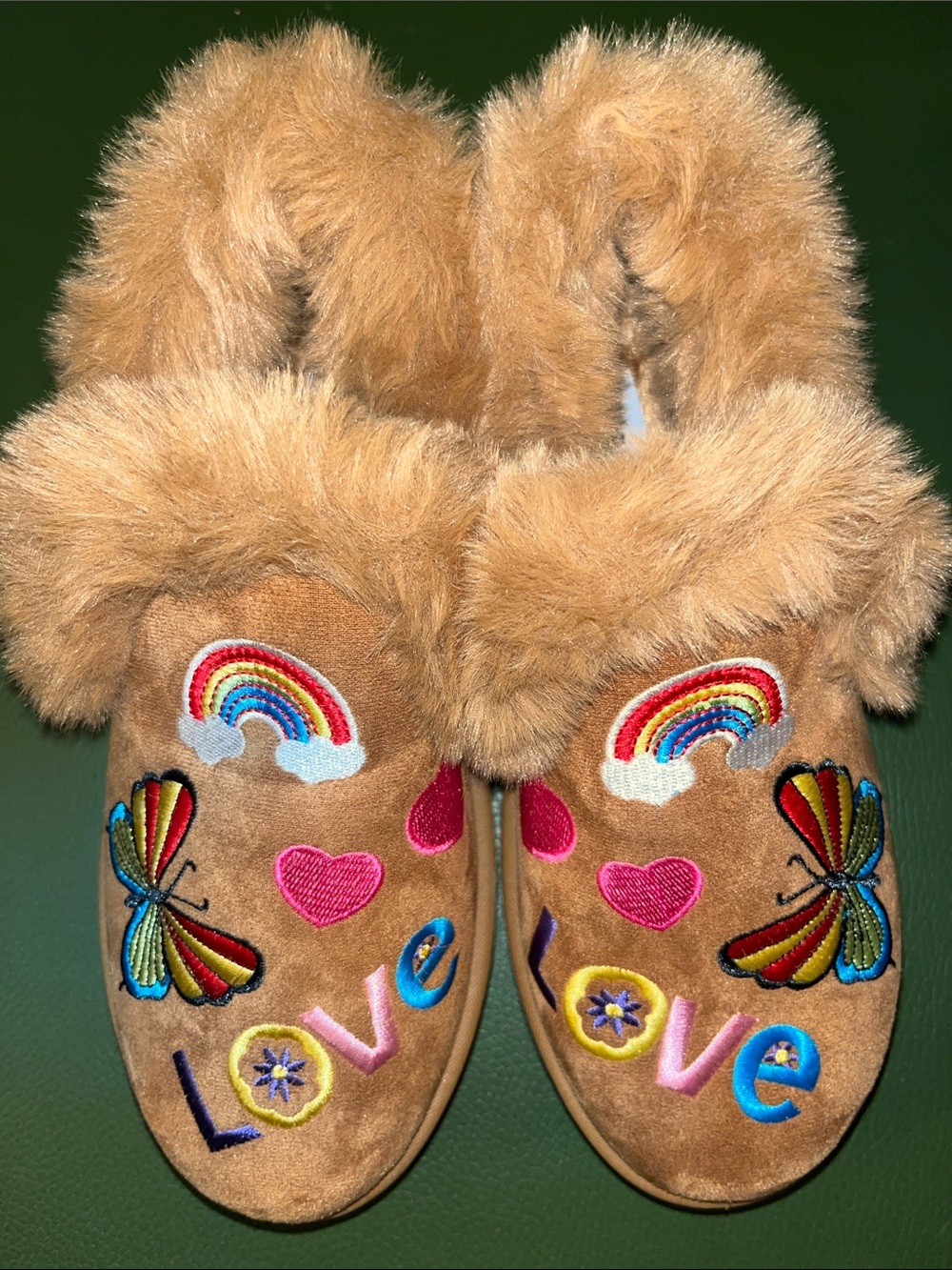 BAMBOO Brown Furry Woman’s Slippers with Rainbow & Butterfly Embroidery